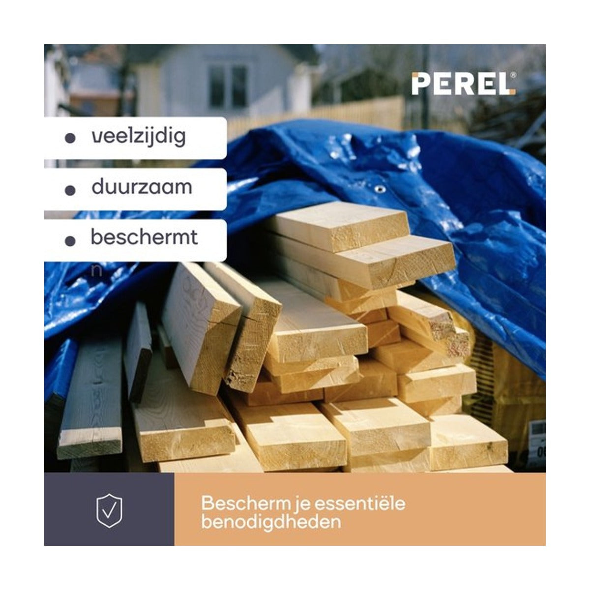 Perel Dekzeil, zeer sterk, 44 ringen, versterkte hoeken, rechthoekig, blauw-zwart, 140 g-m², 10 x 12 m
