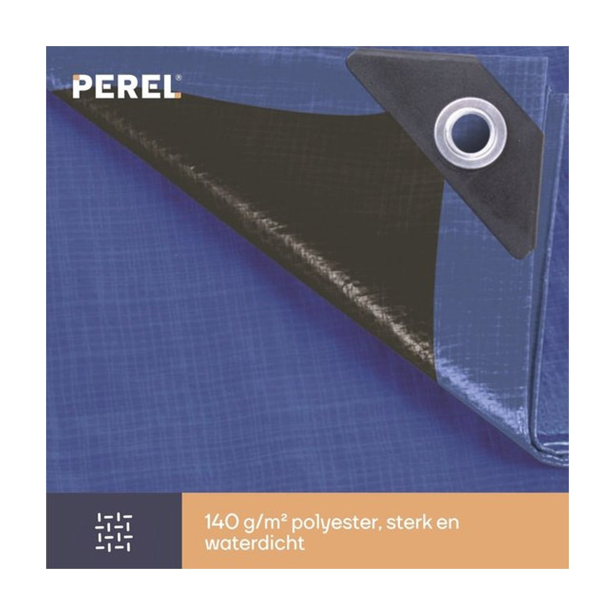 Perel Dekzeil, zeer sterk, 44 ringen, versterkte hoeken, rechthoekig, blauw-zwart, 140 g-m², 10 x 12 m
