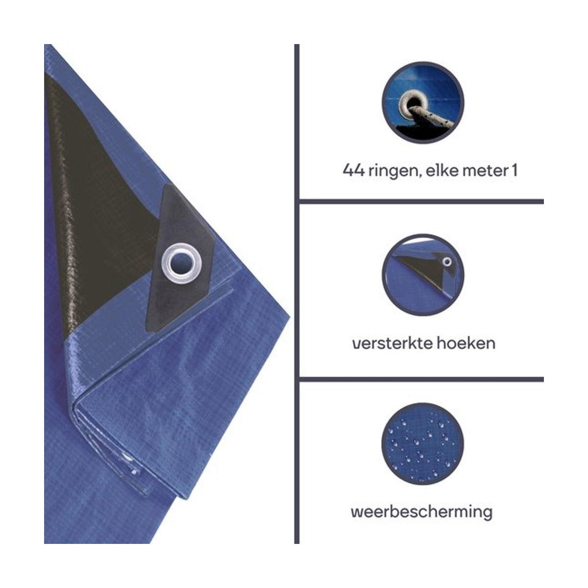 Perel Dekzeil, zeer sterk, 44 ringen, versterkte hoeken, rechthoekig, blauw-zwart, 140 g-m², 10 x 12 m