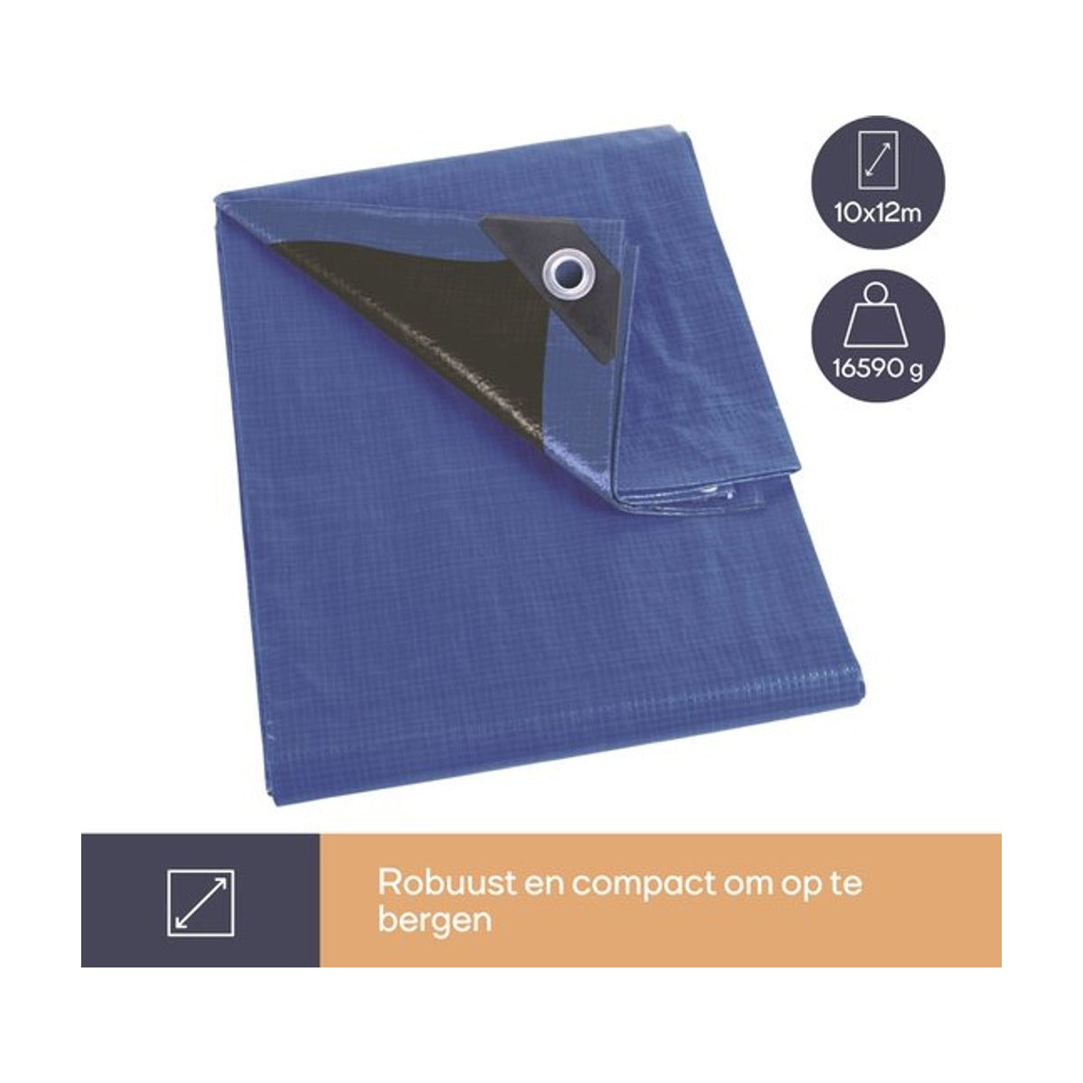 Perel Dekzeil, zeer sterk, 44 ringen, versterkte hoeken, rechthoekig, blauw-zwart, 140 g-m², 10 x 12 m