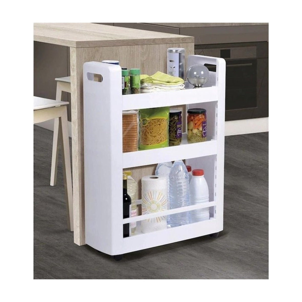 MOBILO verrijdbare side table, met 3 verstelbare planken - 360gr wielen past onder werkblad