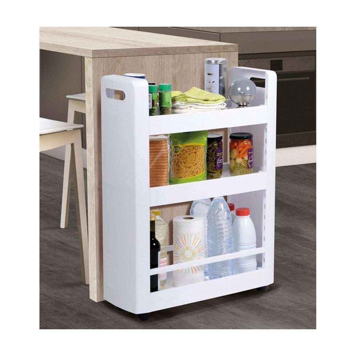 MOBILO verrijdbare side table, met 3 verstelbare planken - 360gr wielen past onder werkblad