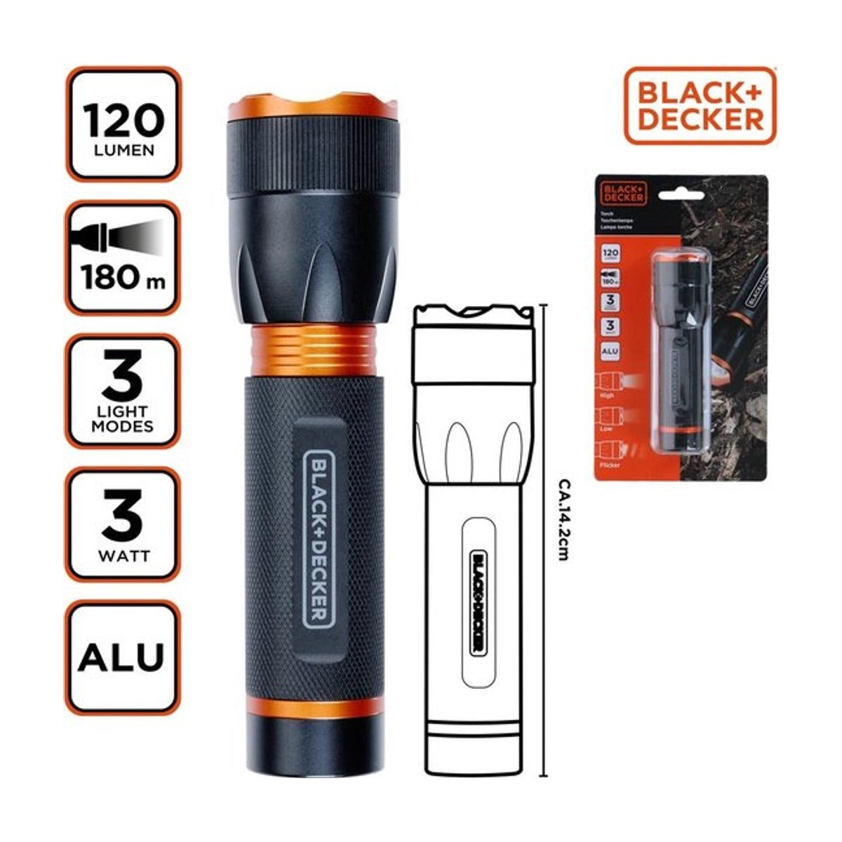 Black + Decker Led zaklamp 3W 120 lm 180mtr beam