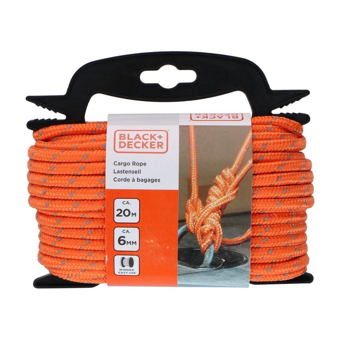 BLACK+DECKER Spantouw met Oproller - Sjortouw 20 Meter - 6MM - Nylon - Oranje
