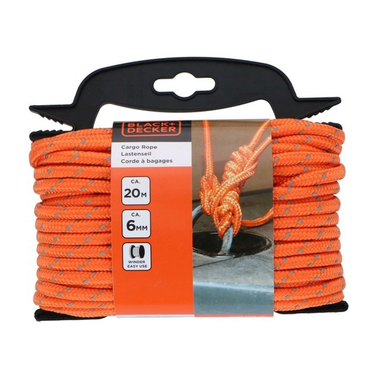 BLACK+DECKER Spantouw met Oproller - Sjortouw 20 Meter - 6MM - Nylon - Oranje