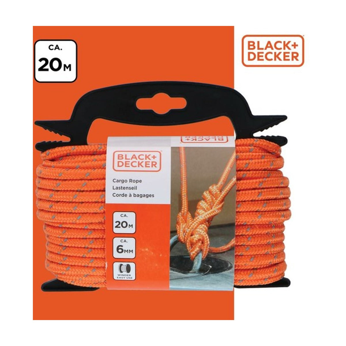 BLACK+DECKER Spantouw met Oproller - Sjortouw 20 Meter - 6MM - Nylon - Oranje