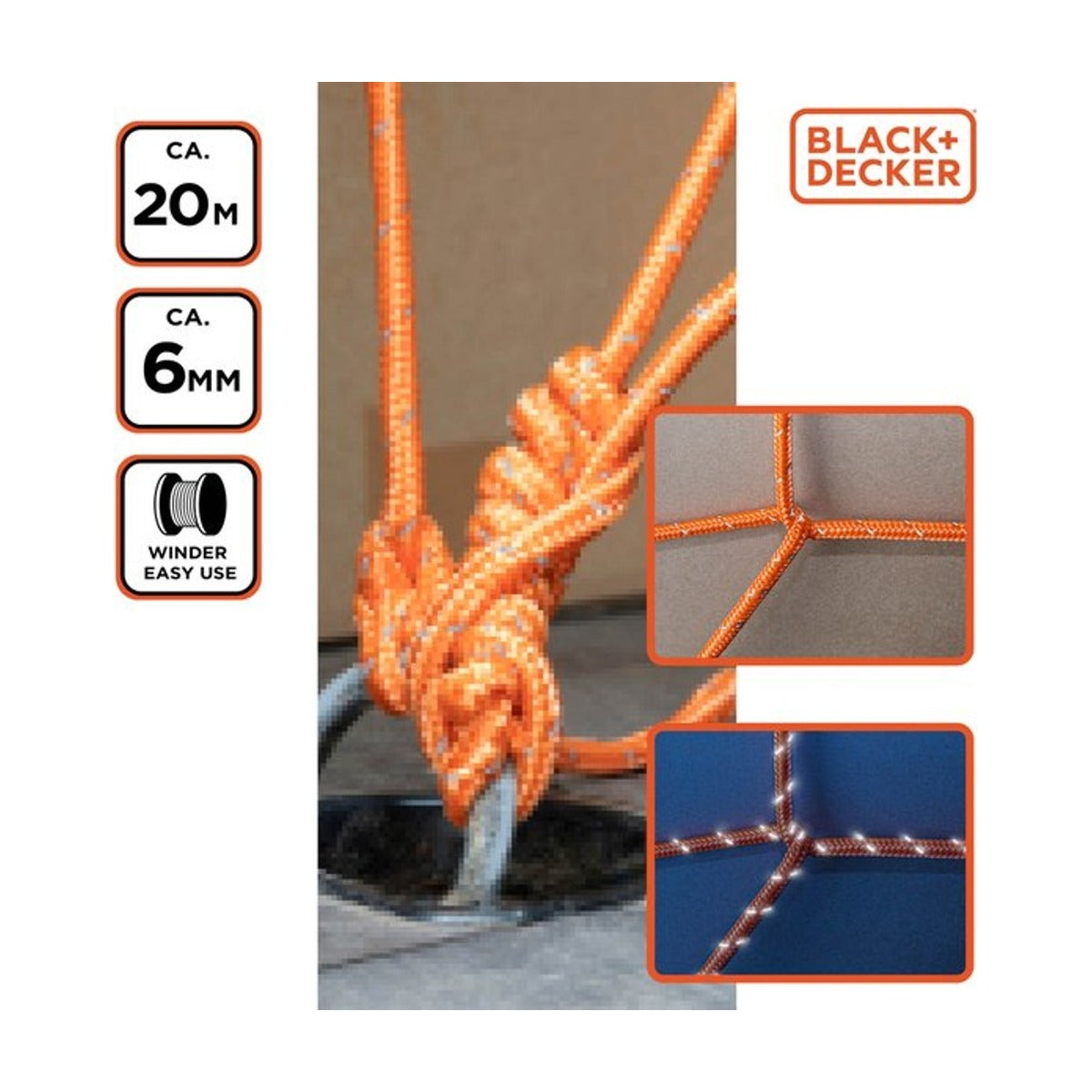 BLACK+DECKER Spantouw met Oproller - Sjortouw 20 Meter - 6MM - Nylon - Oranje