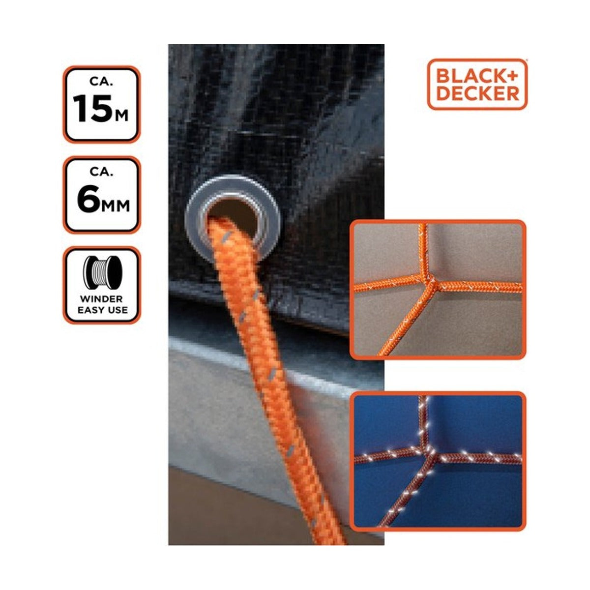 BLACK+DECKER Spantouw met Oproller - Sjortouw 15 Meter - 8MM - Nylon - Oranje