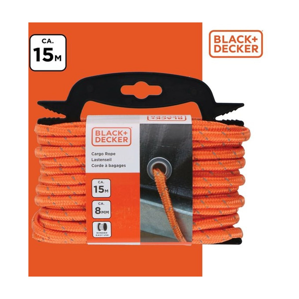 BLACK+DECKER Spantouw met Oproller - Sjortouw 15 Meter - 8MM - Nylon - Oranje