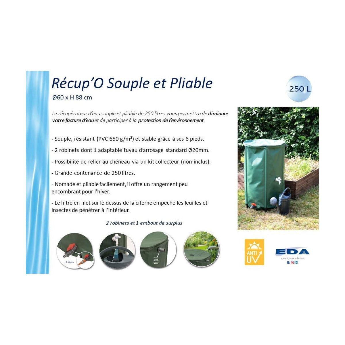 EDA - Flexibele en opvouwbare wateropvangbak 250 L - met filter + 2 kranen - Weerbestendig - Ø 60 x H.88 cm