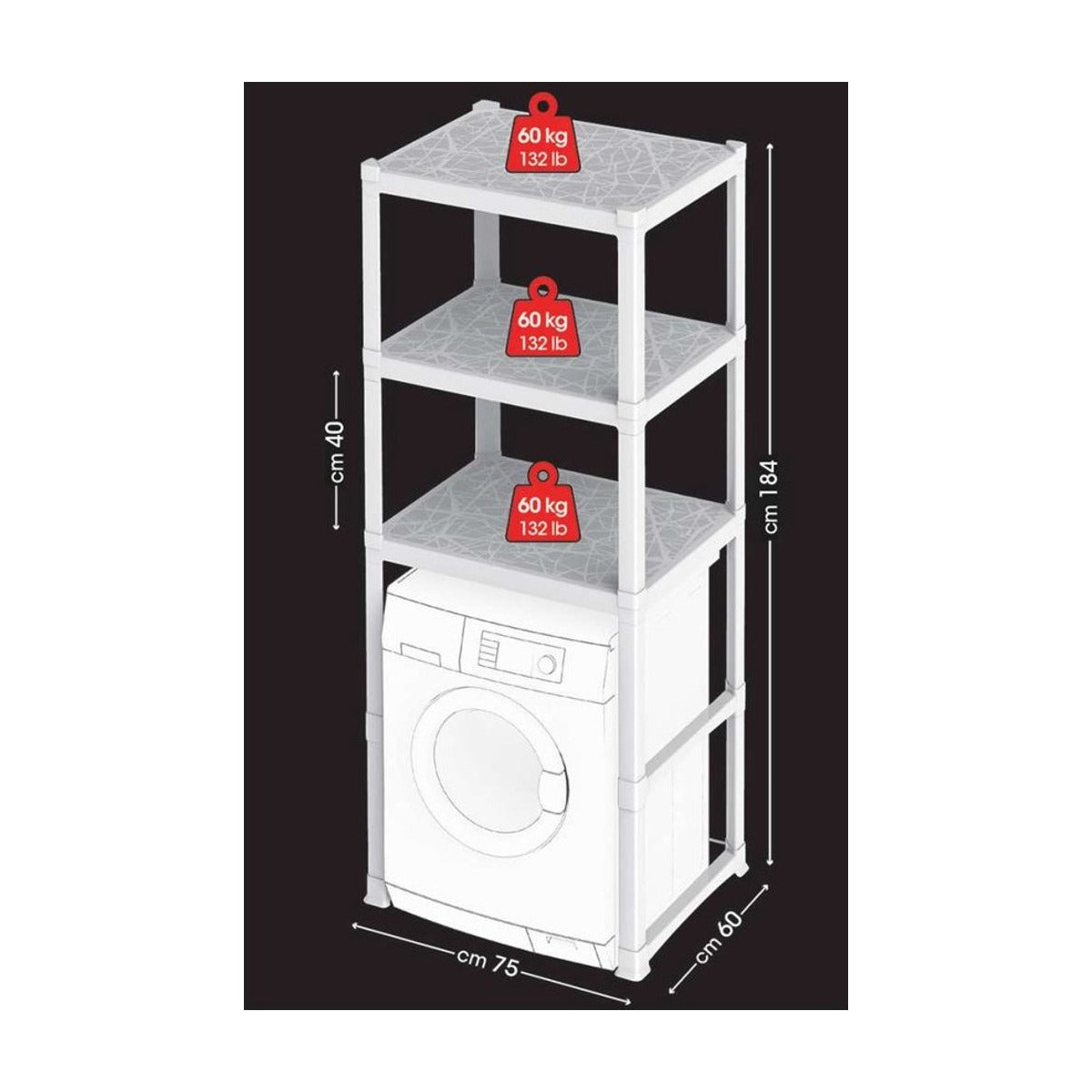 Opbergrek kunststof 3 planken - past over wasmachine - 75X60X184 cm