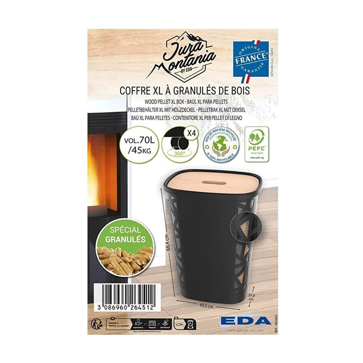 EDA Houtpellets Opslag XL met Deksel - 70 liter - 45 kg - 66,4 cm hoog - Kunststof