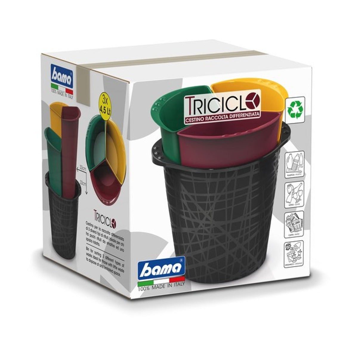 Bama Triciclo afvalemmer of prullenbak met 3 x 4,5 liter gekleurde compartimenten