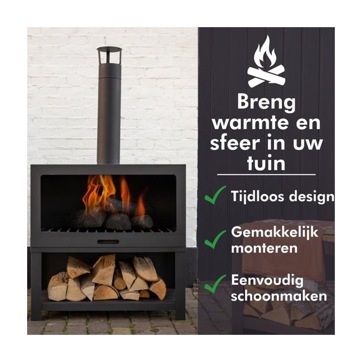 Esschert Design - Buitenkachel met houtopslag zwart - Vuurhaard - Staal - Zwart