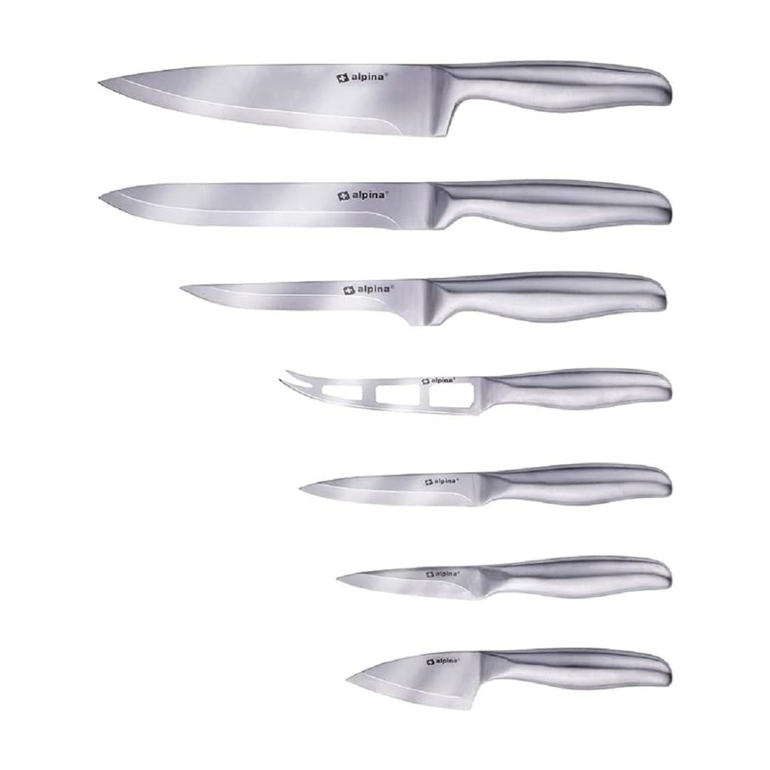 Alpina Messenset - 7 Stuks - Koksmes/ Voorsnijmes/ Vleesmes/ Kaasmes/ Basismes/ Schilmes/ Zachte Kaasmes - RVS