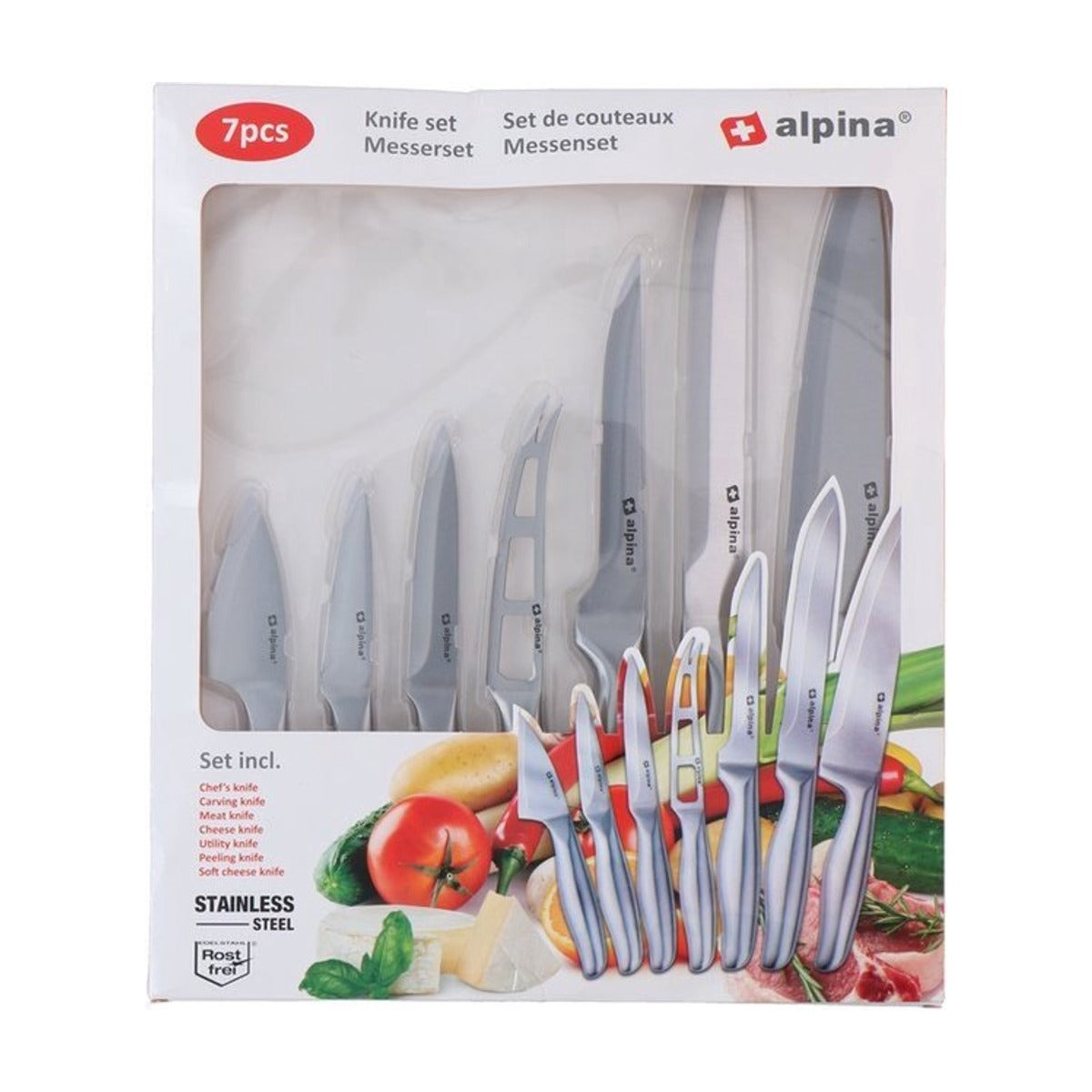 Alpina Messenset - 7 Stuks - Koksmes/ Voorsnijmes/ Vleesmes/ Kaasmes/ Basismes/ Schilmes/ Zachte Kaasmes - RVS