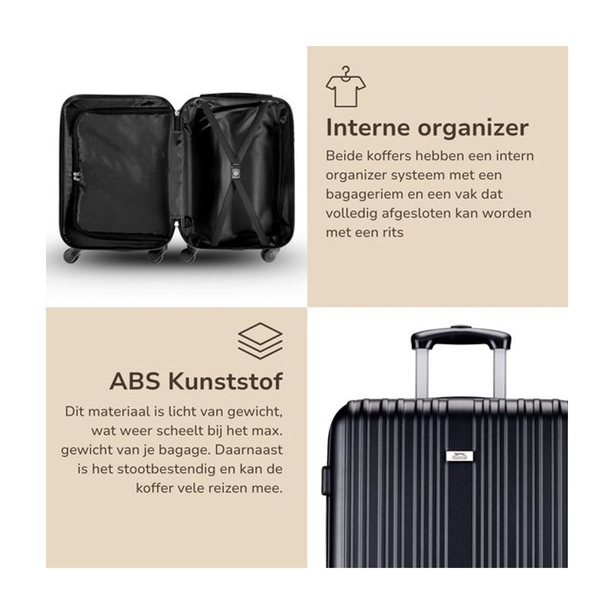 Slazenger ABS - hardcase kofferset - 2 delig - Hand en Ruimbagage Koffer (S + M/L) -360° Wielen - Cijferslot - Zwart