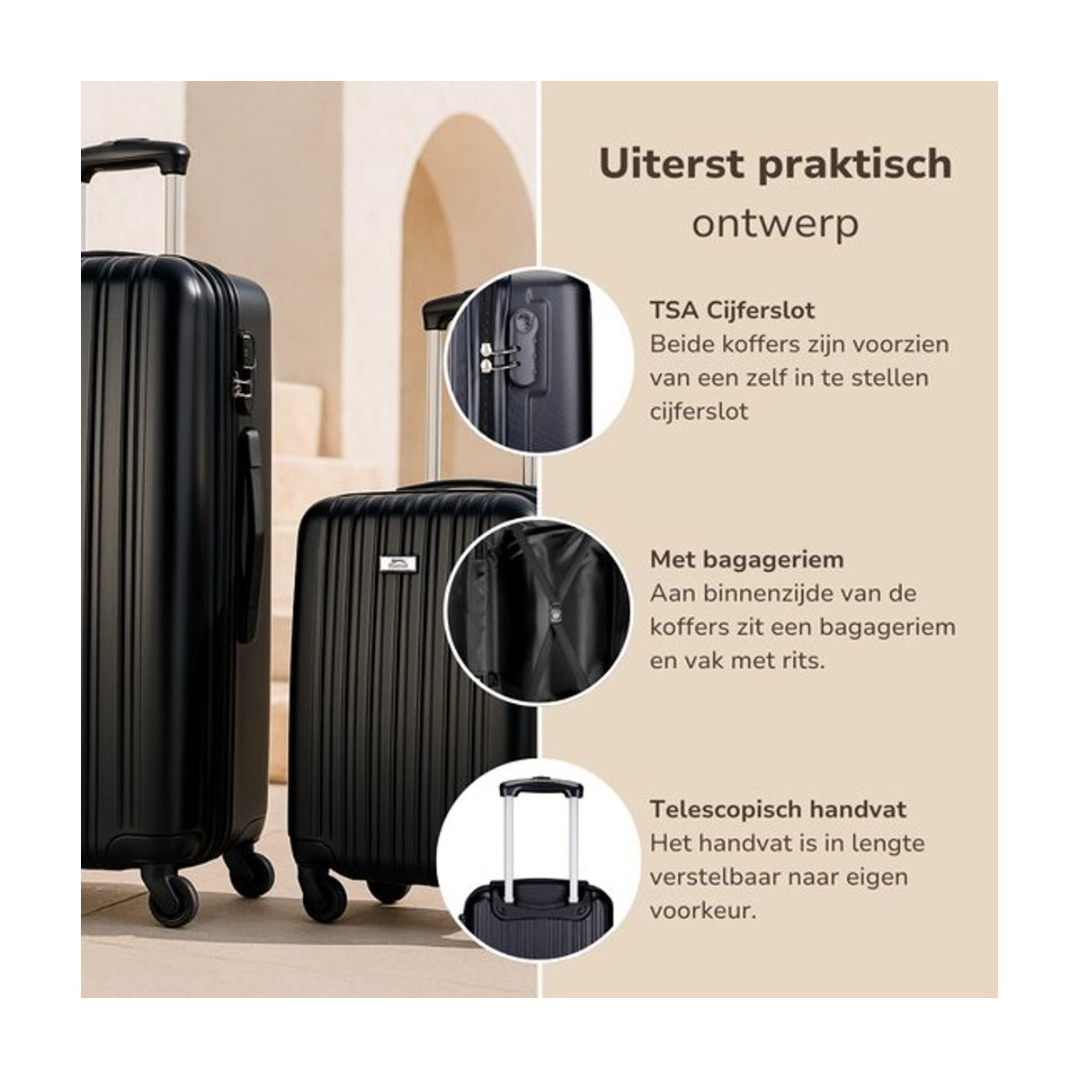 Slazenger ABS - hardcase kofferset - 2 delig - Hand en Ruimbagage Koffer (S + M/L) -360° Wielen - Cijferslot - Zwart