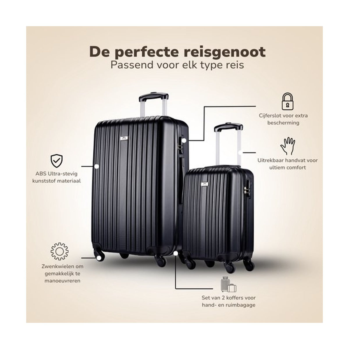 Slazenger ABS - hardcase kofferset - 2 delig - Hand en Ruimbagage Koffer (S + M/L) -360° Wielen - Cijferslot - Zwart