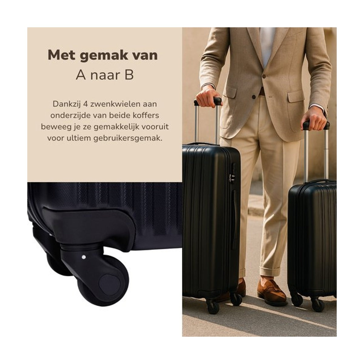 Slazenger ABS - hardcase kofferset - 2 delig - Hand en Ruimbagage Koffer (S + M/L) -360° Wielen - Cijferslot - Zwart